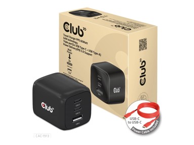 CLUB3D Punjač Travel Charger, 65W, GaN tehnologija, 3 porta (2x USB-C + 1x USB-A), crni