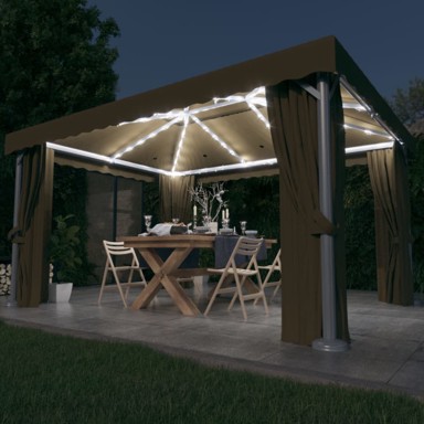 Sjenica sa zastorima i LED svjetlosnim trakama, 4x3 m, smeđe-siva