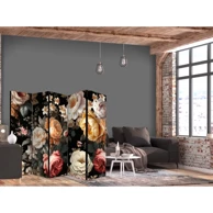 Paravan Cvjećarstvo u vintage stilu, Mnoštvo šarenog cvijeća na crnoj pozadini, 225 x 172 cm