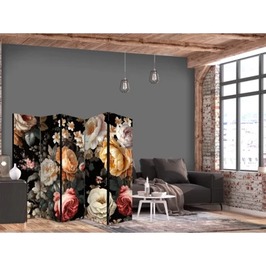 Paravan Cvjećarstvo u vintage stilu, Mnoštvo šarenog cvijeća na crnoj pozadini, 225 x 172 cm