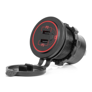 AMIO Modularni auto punjač, vodootporni, prekidač, crveno LED osvjetljenje, 2x USB-C, 12/24V