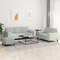 3-dijelni set sofa s jastucima i tabureom baršunasti, svjetlosiva