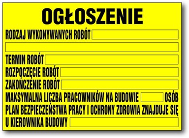 Građevinska informativna ploča BIOZ, žuti PVC, 70 x 50 cm