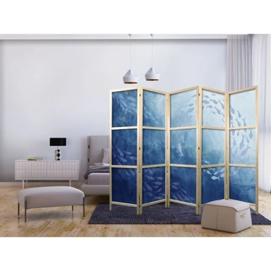 Japanski paravan Jata riba, svjetlucava jata riba u plavim tonovima u oceanskim dubinama, 225x172 cm