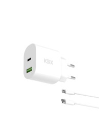 KSIX Mrežni punjač GaN ultrabrzi 20W USB-C + USB-A + USB-C na Lightning kabel 1 m