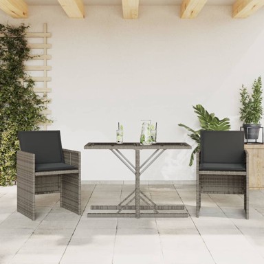 3-dijelni bistro set od poliratana s jastucima sivi