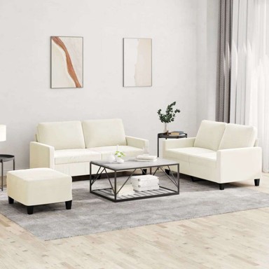 3-dijelni set sofa s jastučićima i tabureom od baršuna, krema