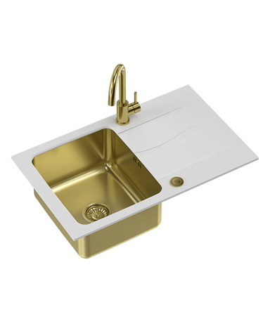 QUADRON Set MICHAEL 111 + nano PVD alabaster bijela/zlato s daljinskim upravljanjem + NAOMI slavina