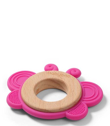 BABYONO Silikonsko drvena grickalica za zube, leptir roza