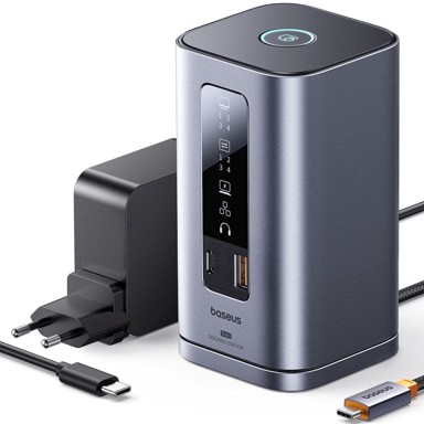 BASEUS USB-C docking stanica 11-u-1, HDMI, DisplayPort, USB-A, USB-C, RJ45, 3.5 mm, PD, siva