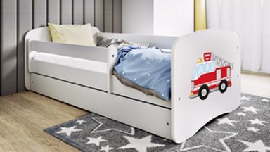 Drveni dječji krevet Vatrogasci s ladicom, 180x80 cm, bijeli