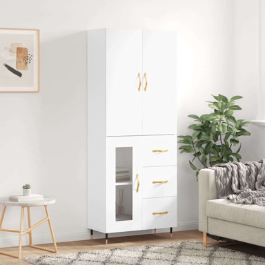 Visoka komoda bijela 69 5x34x180 cm konstruirano drvo , staklena vrata 3 ladice