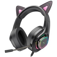 HOCO Slušalice sa mikrofonom W107 Cute Cat, crno - roze, gaming, USB/3.5 mm, LED