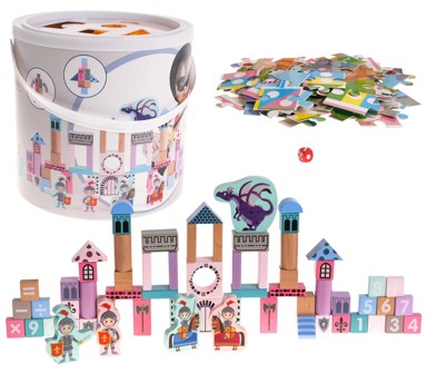 Set drvenih kocki za gradnju dvorca, s vitezovima