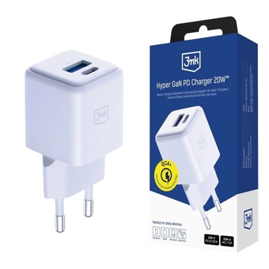 3MK Hyper GaN punjač 20W QC4+ PD PPS, USB-C/USB-A, bijeli