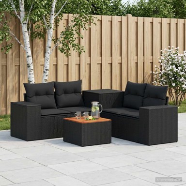 Set sofa 6 kom. poli ratan i čelik, crni