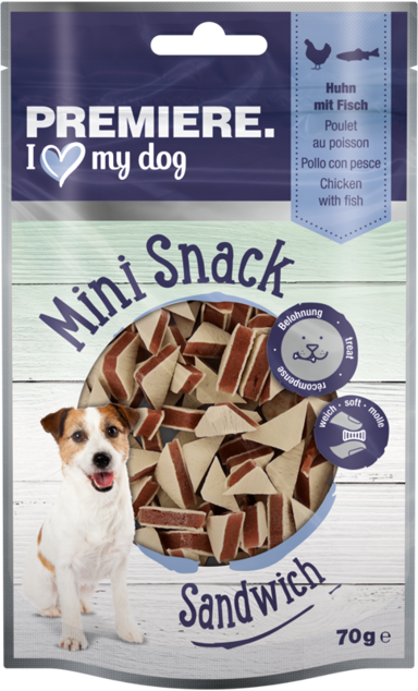 PREMIERE Poslastica za pse Mini Snack Sandwich, piletina i riba, 70 g