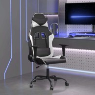 Masažna gaming stolica, crno-bijela, umjetna koža, bez naslona za noge