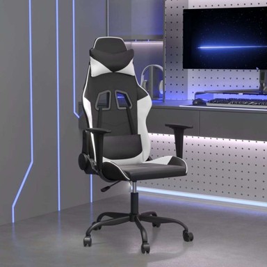Masažna gaming stolica, crno-bijela, umjetna koža, bez naslona za noge