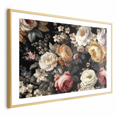 Plakat Šareno cvijeće na crnoj pozadini, 90x60 cm, zlatni okvir s margom