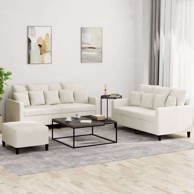 3-dijelni set sofa s jastučićima i tabureom od baršuna, krema