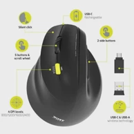 PORT DESIGNS Miš ergonomski 2.4 GHz + BT, punjivi, za ljevake, crni