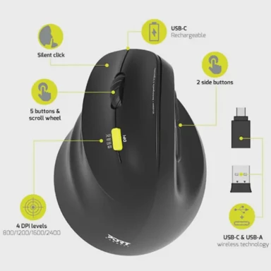 PORT DESIGNS Miš ergonomski 2.4 GHz + BT, punjivi, za ljevake, crni