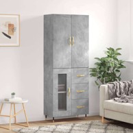 Visoka komoda siva betona 69 5x34x180 cm od konstruiranog drva, 1 staklena vrata 3 ladice