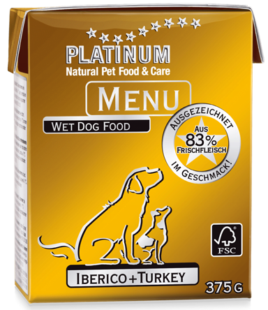 PLATINUM Hrana za pse Menu, iberijska svinja i puretina, 375 g