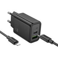 HOCO Punjač N61 GaN, USB-A i USB-C, PD, kabel USB-C na Lightning, 20 W, crna