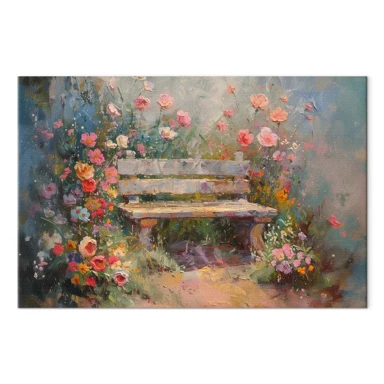 Slika Cvjetna klupa, impresionistička slika puna cvijeća, 120x80 cm