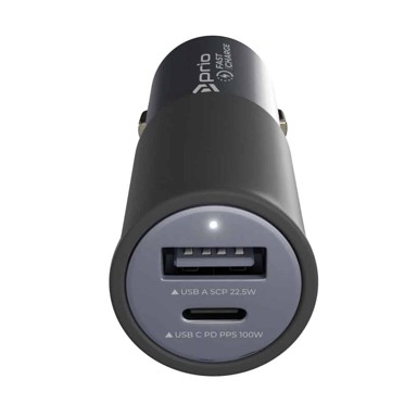 PRIO Auto punjač, crni, brzo punjenje, 100 W, PD, USB C, USB A, 22.5 W