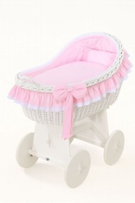 MY SWEET BABY Pletena Mojsijeva košara Carina s pletenim krovićem, bijela s ružičastom posteljinom