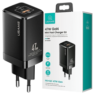 USAMS Mrežni punjač T41 USB-C+USB GaN 47WPD+QC (samo glava) brzo punjenje crno