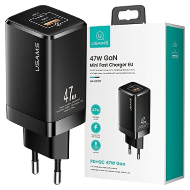 USAMS Mrežni punjač T41 USB-C+USB GaN 47WPD+QC (samo glava) brzo punjenje crno