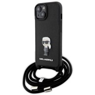 KARL LAGERFELD Zaštitna maska Crossbody Saffiano Monogram Metal Pin Karl & Choupette, za iPhone 15, crna