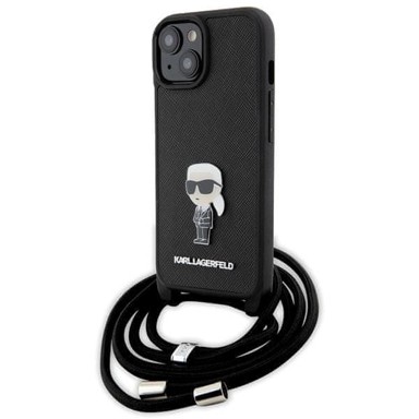 KARL LAGERFELD Zaštitna maska Crossbody Saffiano Monogram Metal Pin Karl & Choupette, za iPhone 15, crna