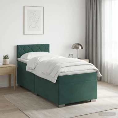 Krevet s box springom, madracem i LED rasvjetom od baršuna 100 x 200 cm, dizajn s rombovima, tamnozeleni