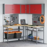 Set radnog stola s policom (set 10 kom), 255 x 55 x 220 cm, crvena i siva