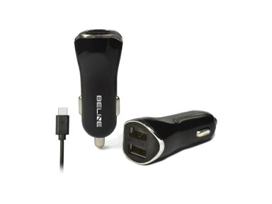 BELINE Auto punjač, 2xUSB-A + kabel USB-C, crni