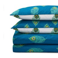 THEIR NIBS Pamučna Posteljina Peacock Feather 135x200 cm Bijela/plavozelena