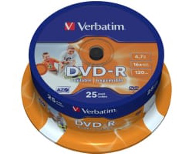 VERBATIM DVD-R medij, Wide Inkjet Printable, 16×, 4,7 GB, spindle, 25 kom