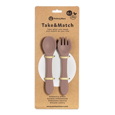 PETITE&MARS Silikonska žlica i vilica Take&Match 6 m+, velvet latte