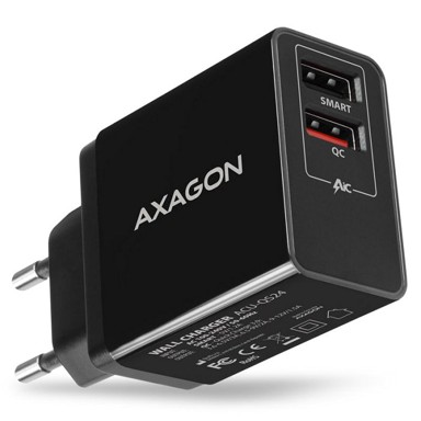 AXAGON Zidni punjač ACU-QS24, crni, 2x USB-A, 24W