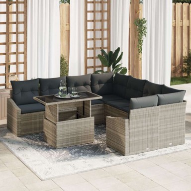 9-dijelni set vrtnih sofa s jastučićima, poli-ratan, svijetlosivi