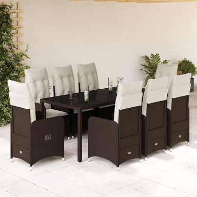 9-dijelni vrtni bistro set od poliratana s jastucima bez naslona za noge, 190 x 90 x 75 cm, smeđi 