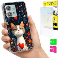 Maskica za Motorola Edge 40 Neo, s foto tiskom, s mačkom, sa zaštitnim staklom 9H