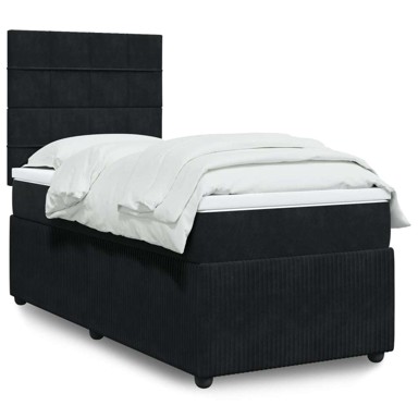Box Spring krevet s madracem, crni, 90x190 cm, baršun, blok s kvadratima