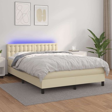 Box spring krevet s madracem i LED, umjetna koža, 140 x 200 cm, krem, s gumbima