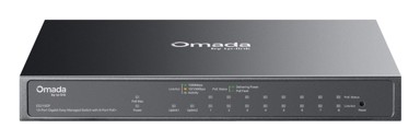 TP-LINK Omada Switch ES210GP, upravljivi L2, 10-portni Gigabit Ethernet, 8× PoE+, 1× SFP, DIN rail, crna